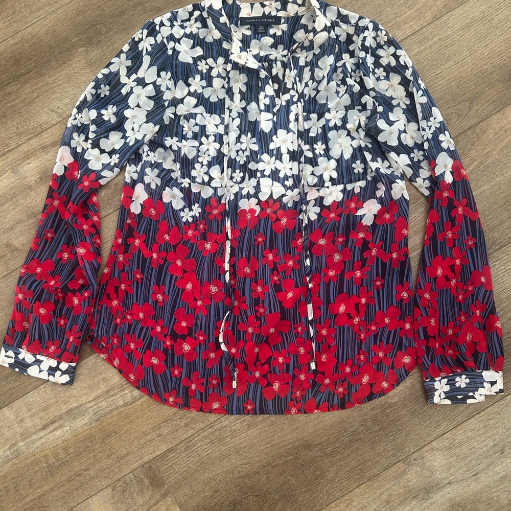 Tommy Hilfiger Blue and White Floral sheer Blouse